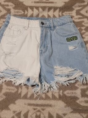 Broken Promises Two-Tone Distressed Denim Shorts — White & Light Blue